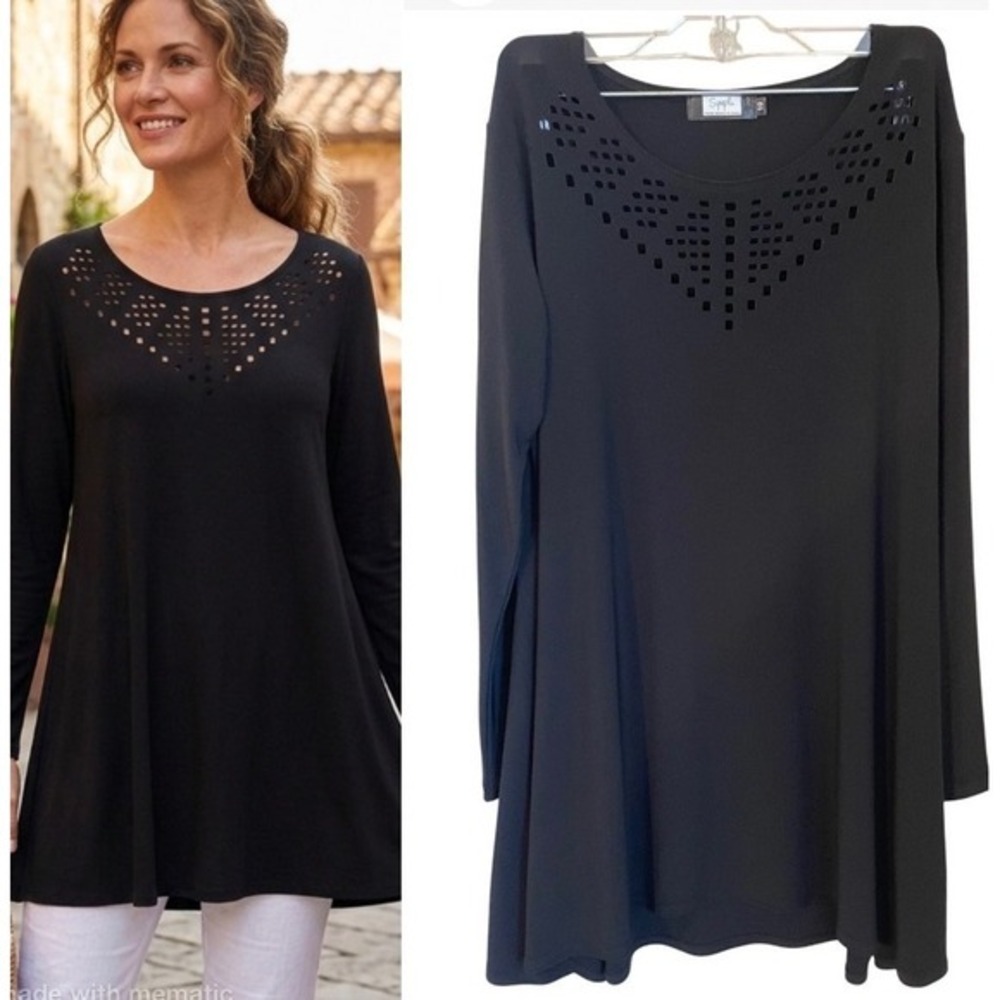 Sympli Size 10 Black Stretch Jersey‎ Tunic Top Neck Laser Cut Accent